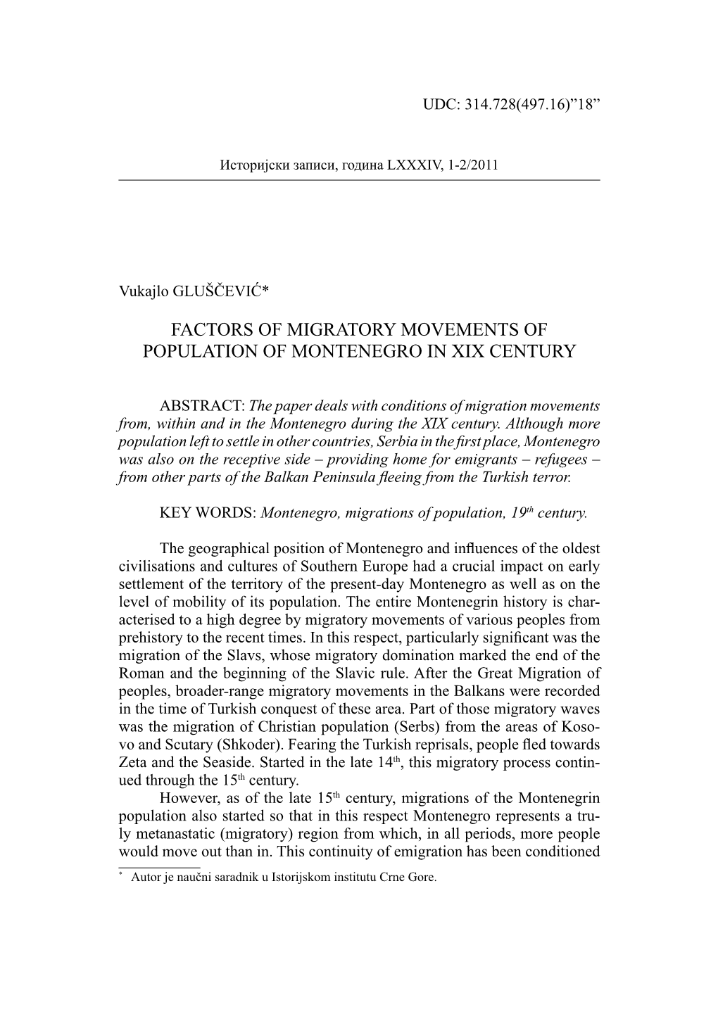 Factors of Migratory Movements of Population of Montenegro in Xix Century