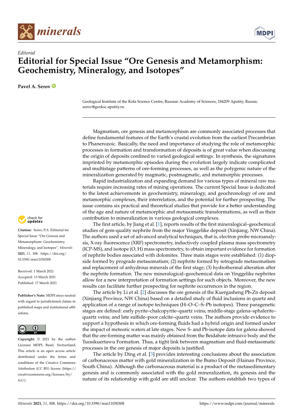 Editorial for Special Issue “Ore Genesis and Metamorphism: Geochemistry, Mineralogy, and Isotopes”