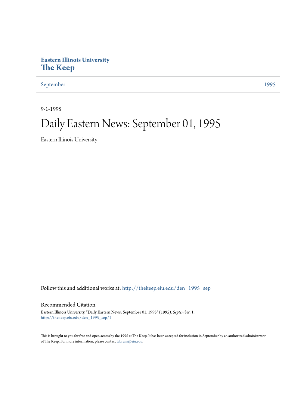 Daily Eastern News: September 01, 1995 Eastern Illinois University