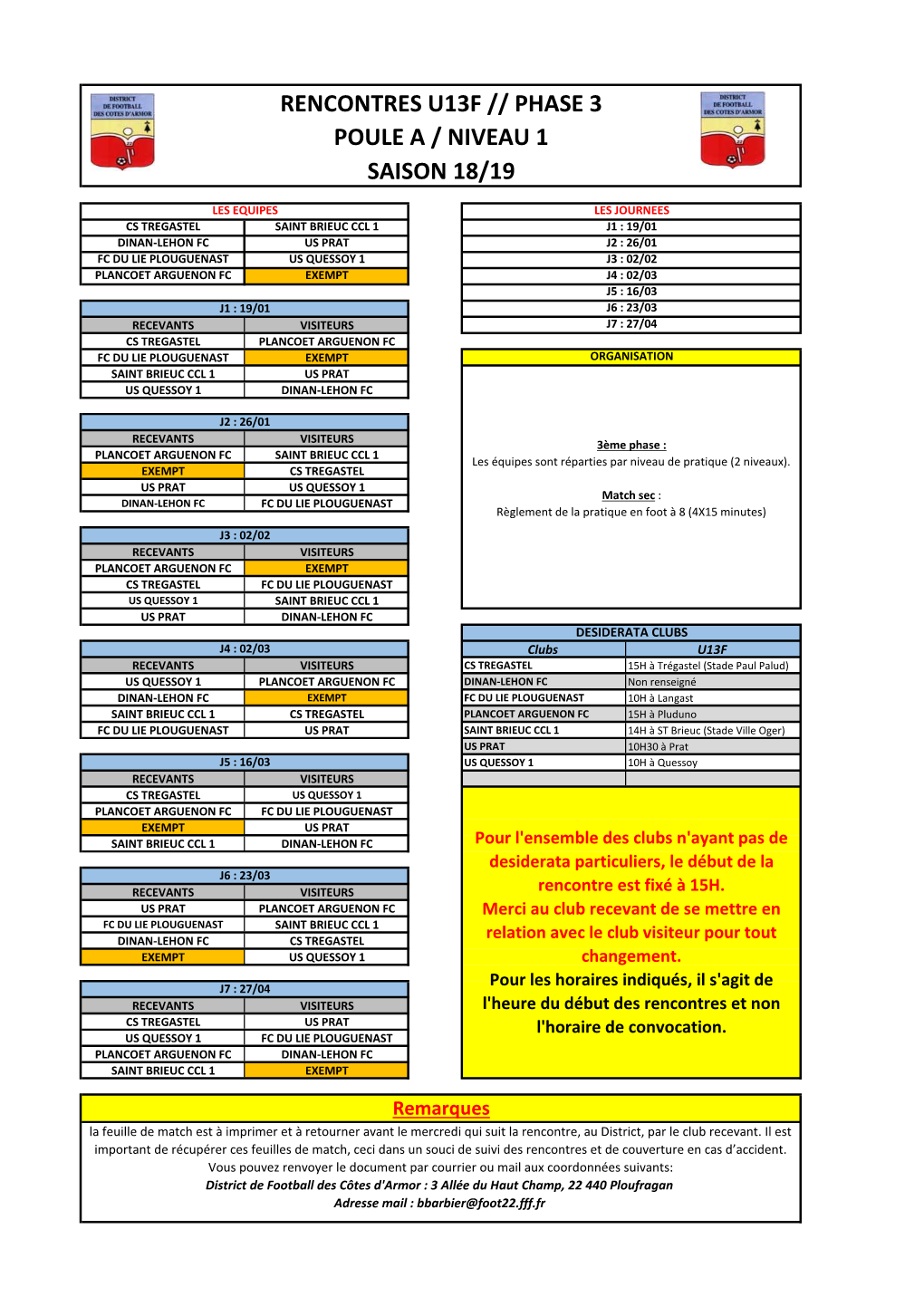 Calendriers U13F Phase 3