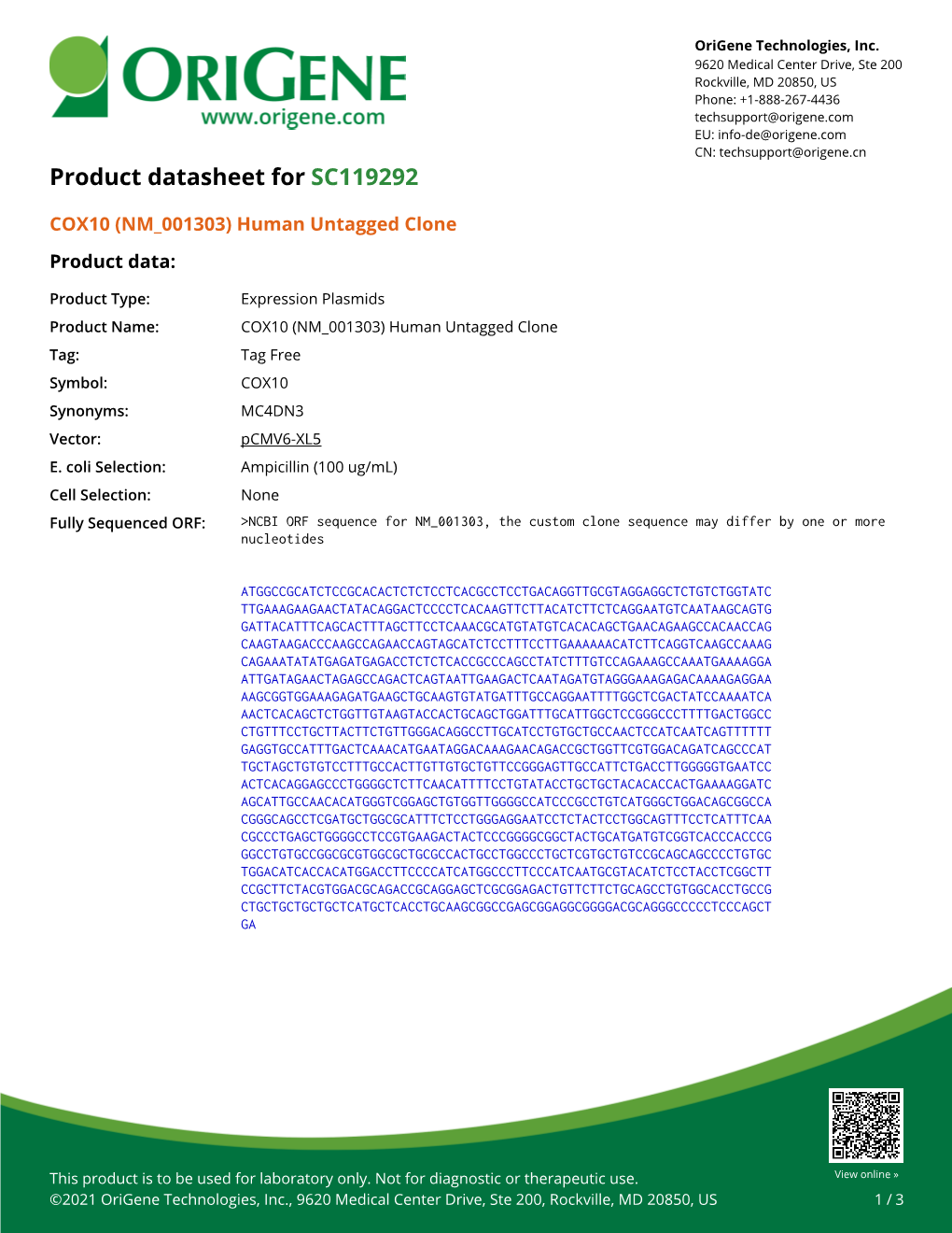 COX10 (NM 001303) Human Untagged Clone Product Data