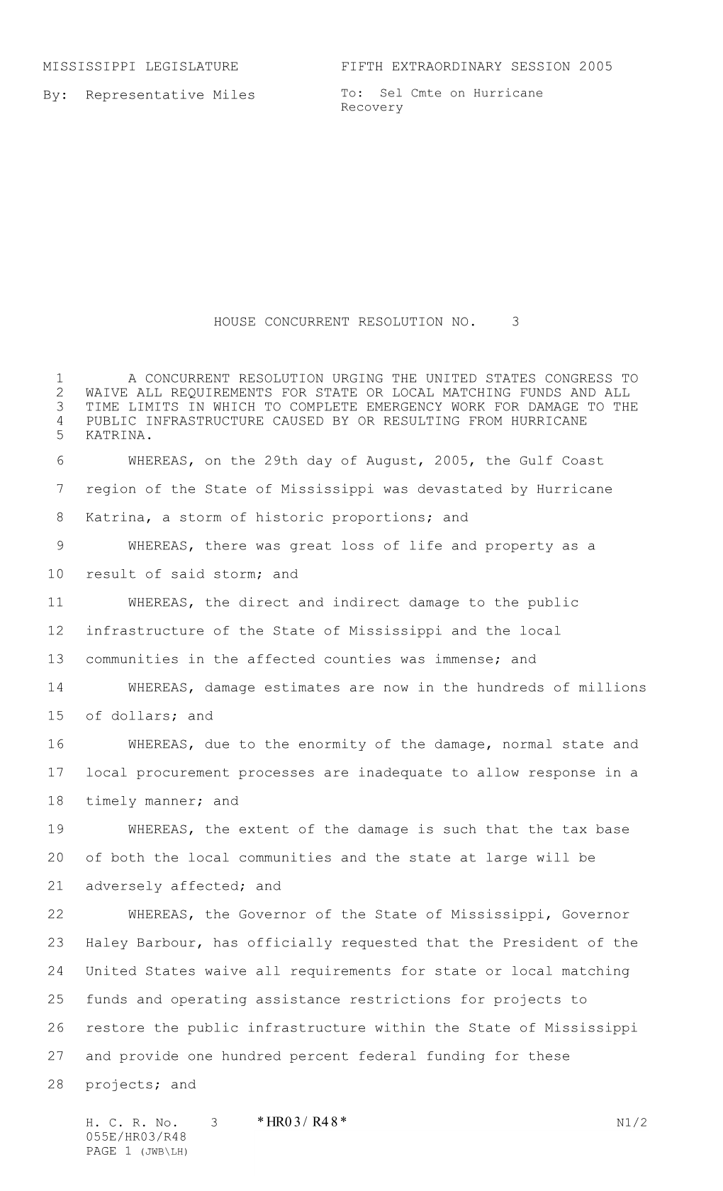 *Hr03/R48* Mississippi Legislature Fifth