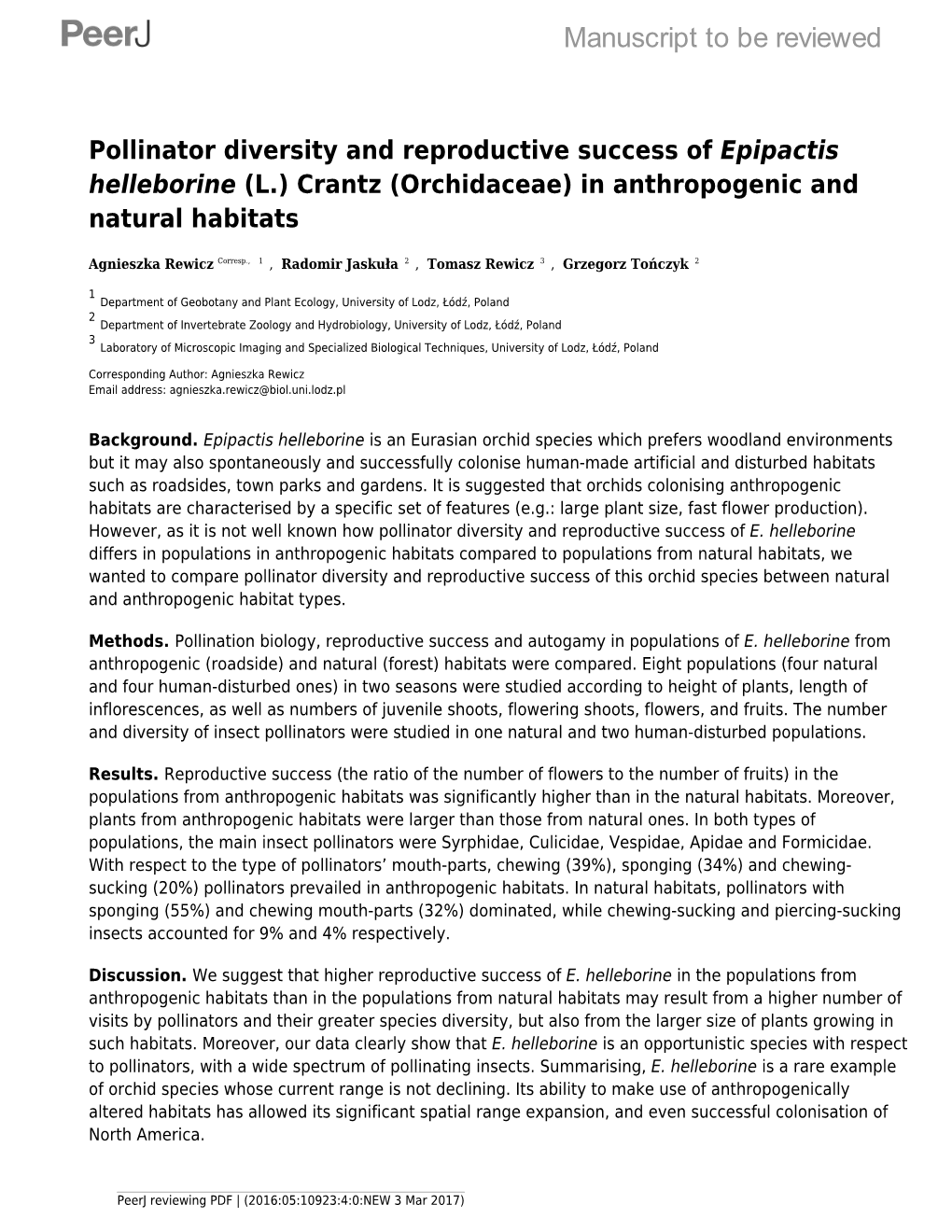 Pollinator Diversity and Reproductive Success of [I]Epipactis Helleborine[I]