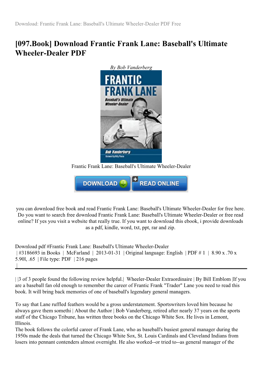 Download Frantic Frank Lane: Baseball's Ultimate Wheeler-Dealer PDF