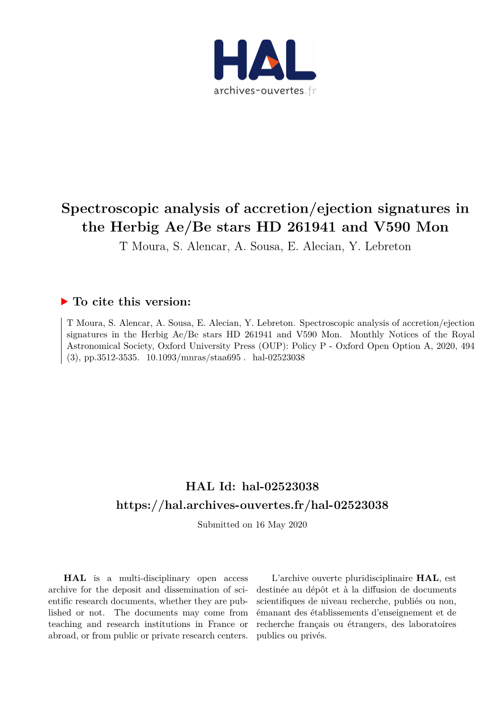 Spectroscopic Analysis of Accretion/Ejection Signatures in the Herbig Ae/Be Stars HD 261941 and V590 Mon T Moura, S