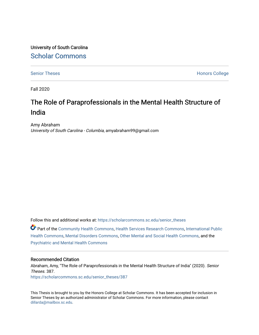 The Role of Paraprofessionals in the Mental Health Structure of India