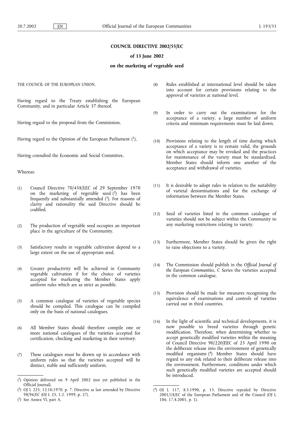 COUNCIL DIRECTIVE 2002/55/EC of 13 June 2002 on the Marketing Of