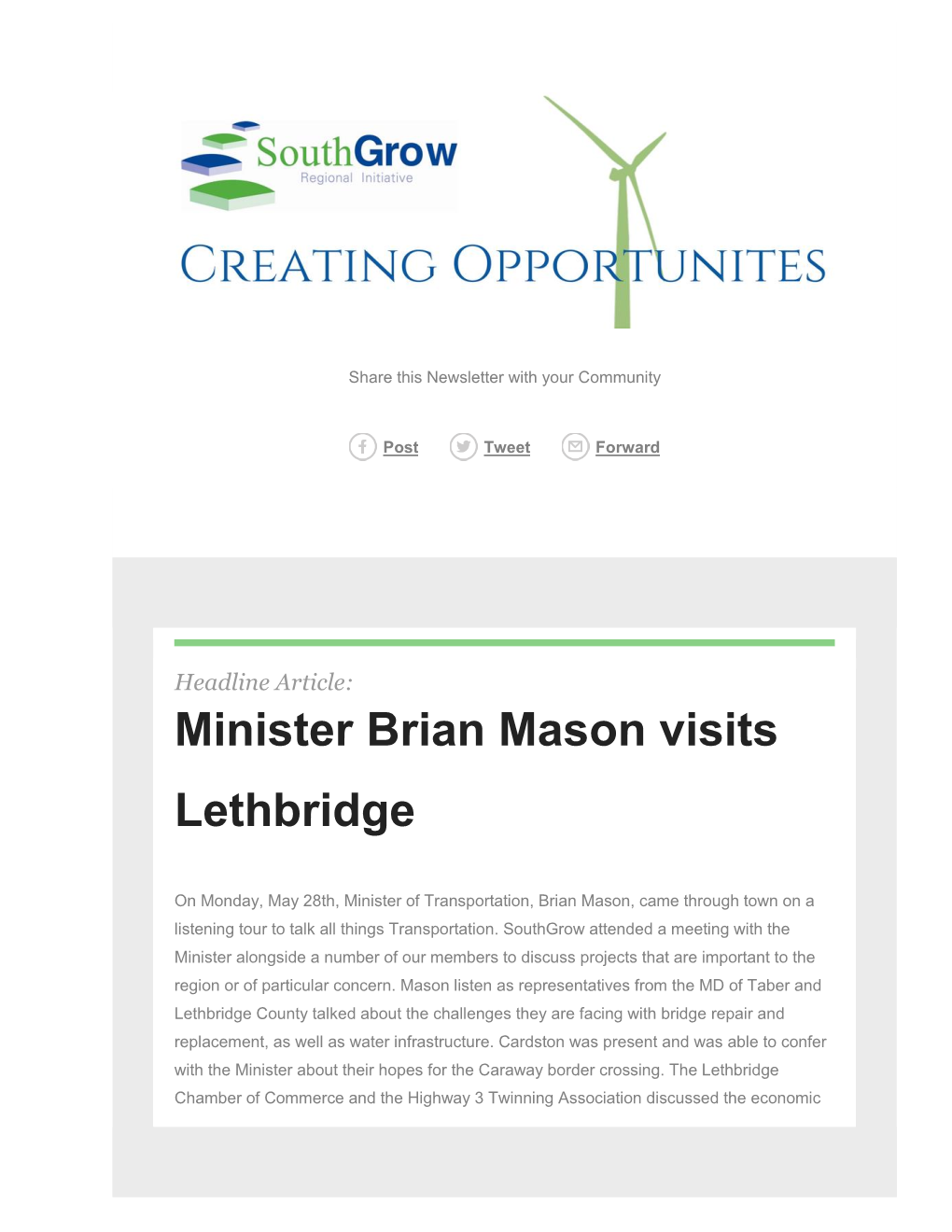 Minister Brian Mason Visits Lethbridge