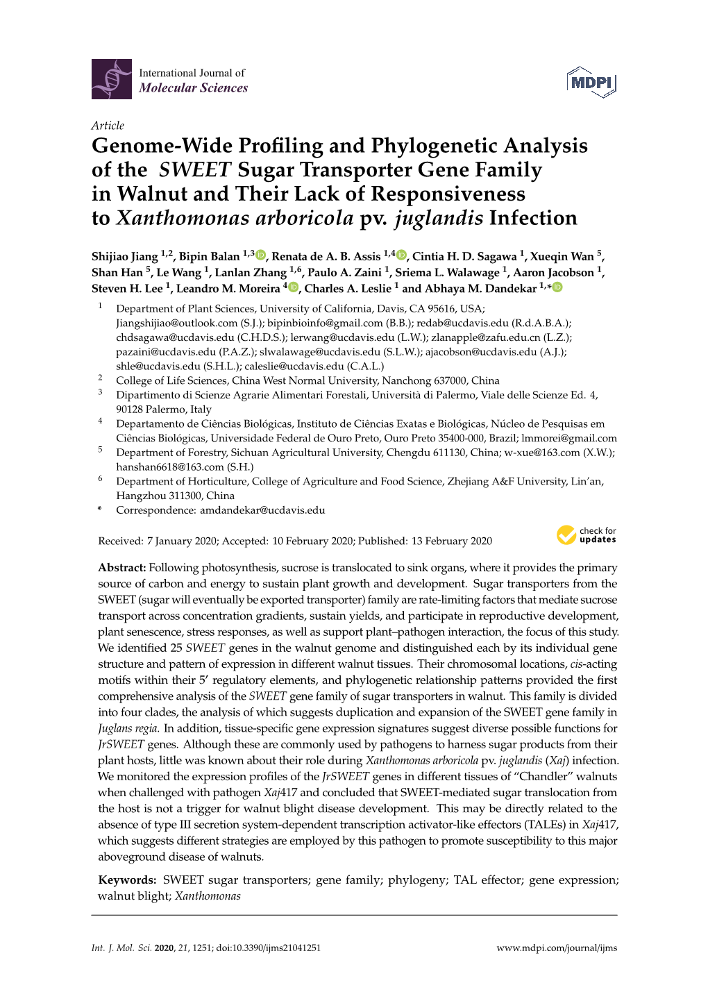 Genome-Wide Profiling and Phylogenetic Analysis of the SWEET Sugar Transporter Gene Family in Walnut and Their Lack of Responsiv