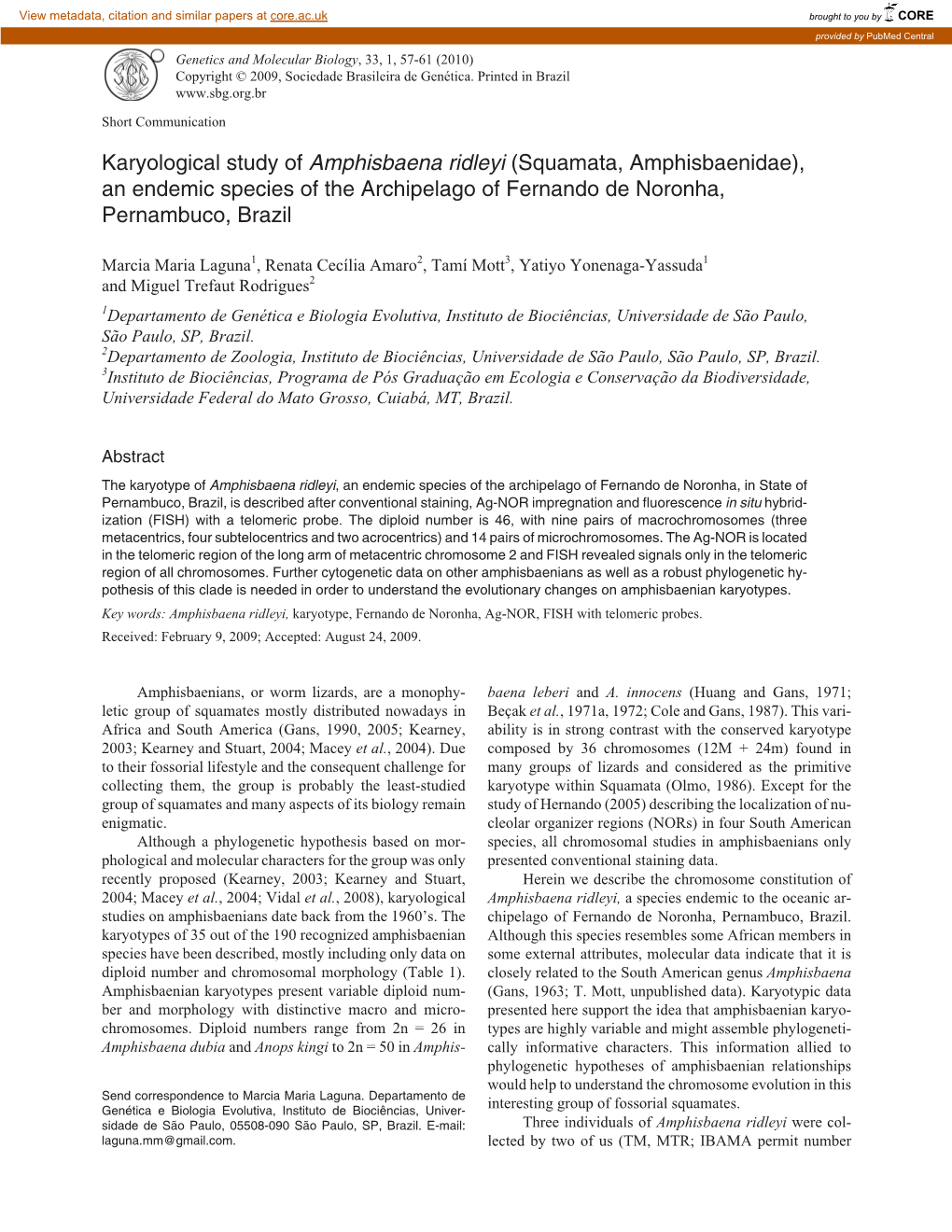 Karyological Study of Amphisbaena Ridleyi (Squamata, Amphisbaenidae), an Endemic Species of the Archipelago of Fernando De Noronha, Pernambuco, Brazil