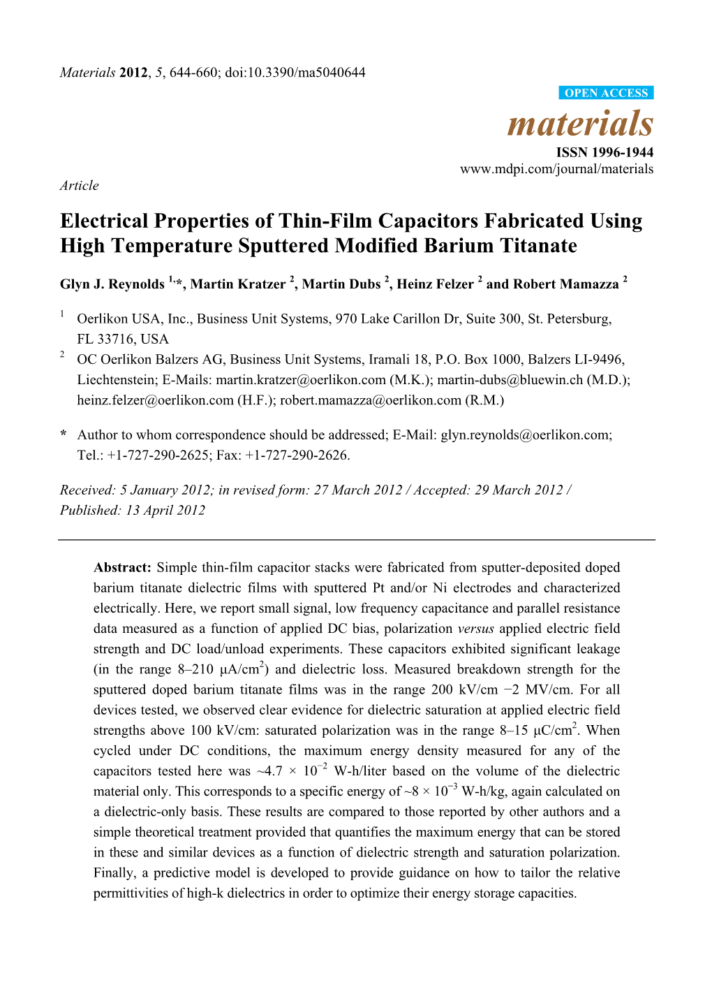Electrical Properties of Thin-Film Capacitors Fabricated Using High Temperature Sputtered Modified Barium Titanate