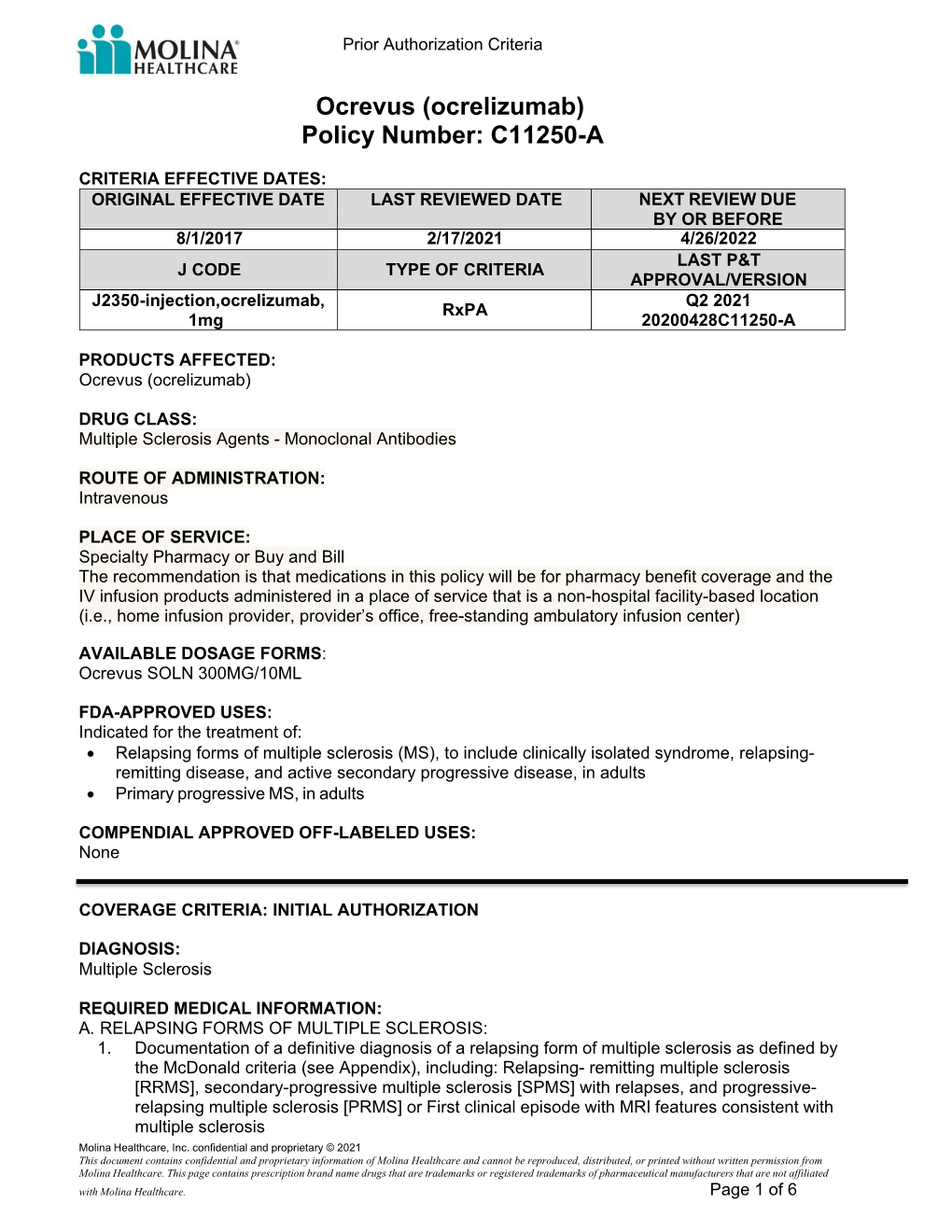 Ocrevus (Ocrelizumab) Policy Number: C11250-A