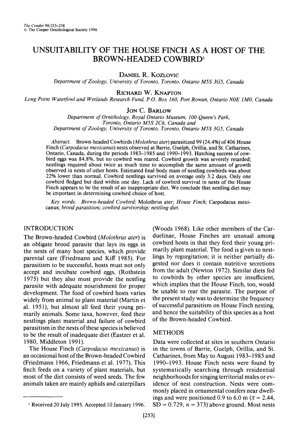 Unsuitability of the House Finch As a Host of the Brown-Headed Cowbird’