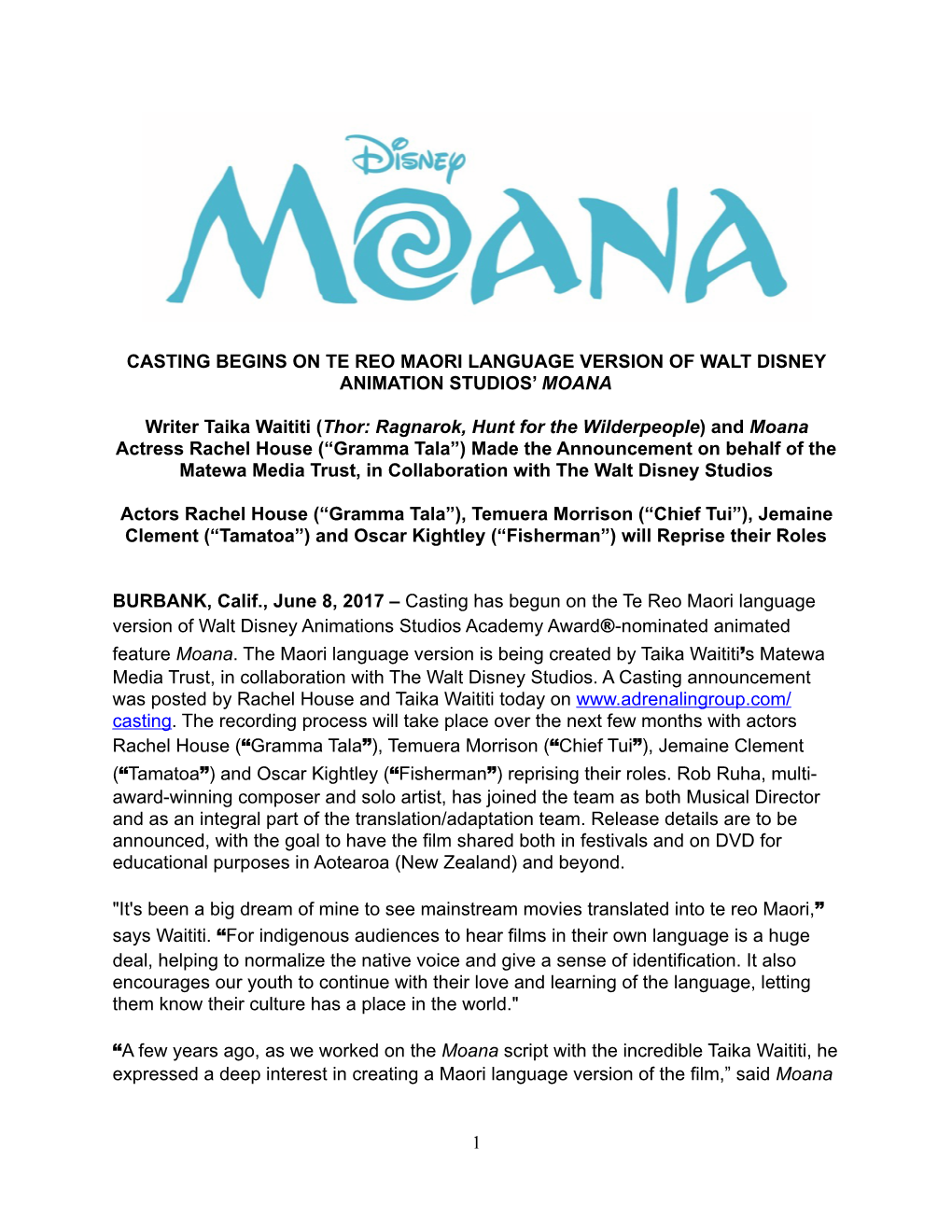 MOANA MAORI VERSION Press Release -FINAL
