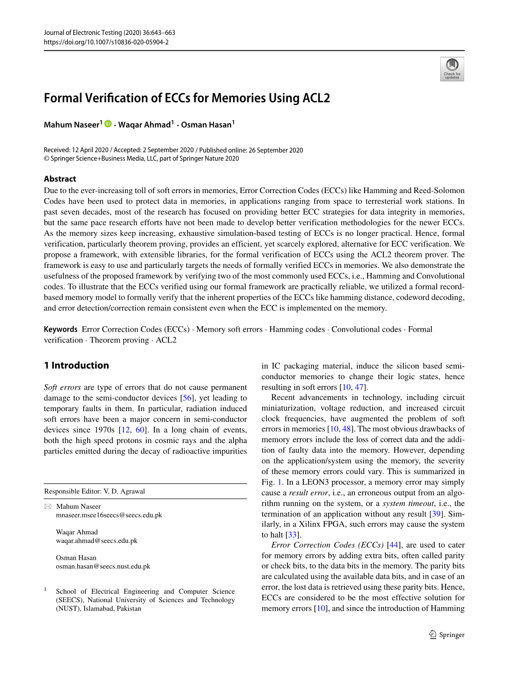 Formal Verification of Eccs for Memories Using ACL2