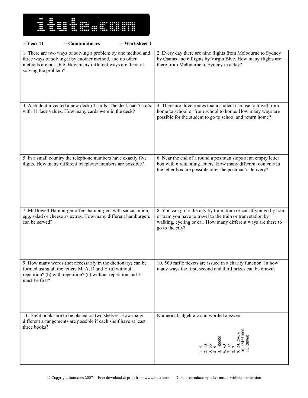 = Year 11 =Combinatorics =Worksheet 1