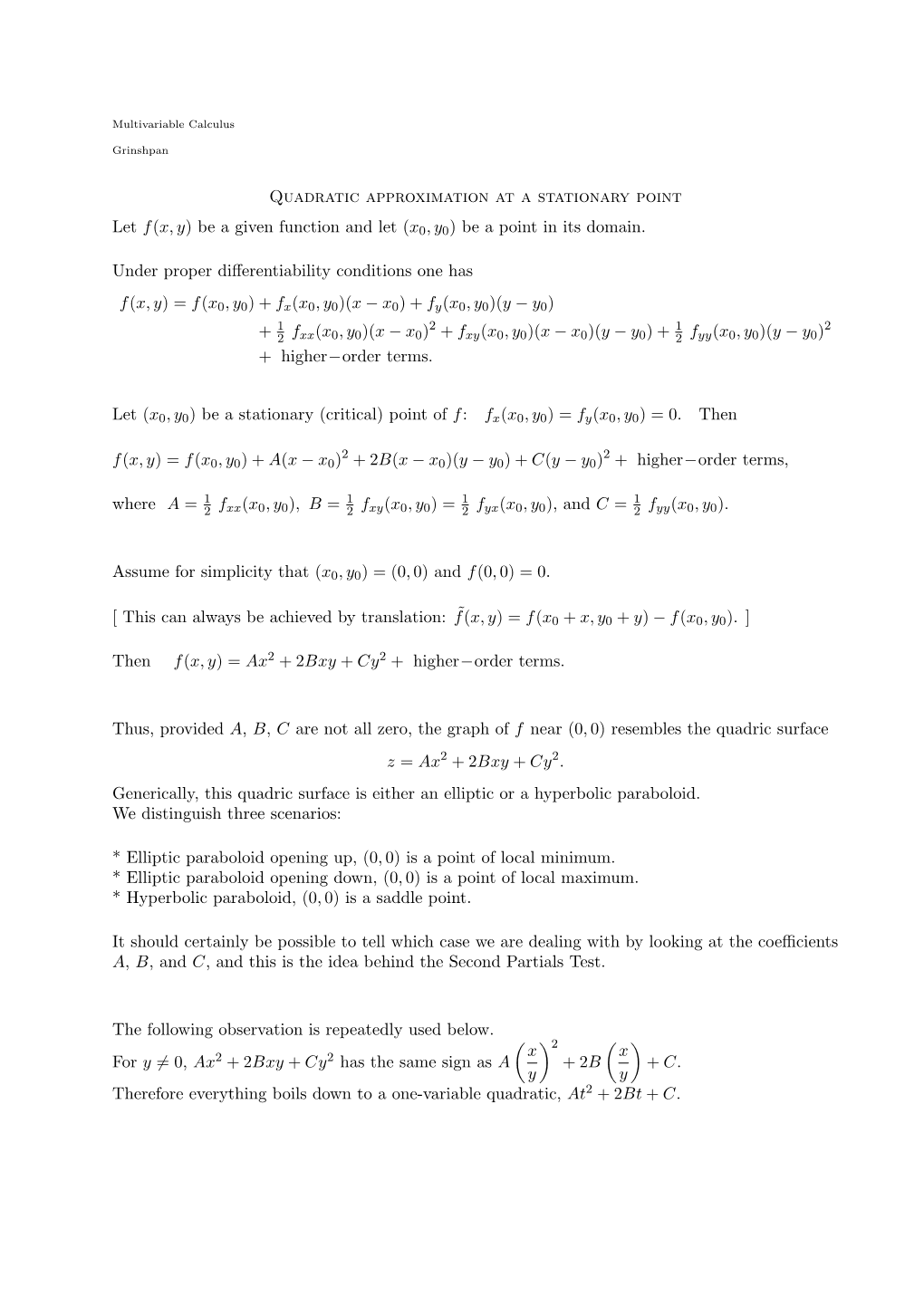 Quadratic Approximation at a Stationary Point Let F(X, Y) Be a Given