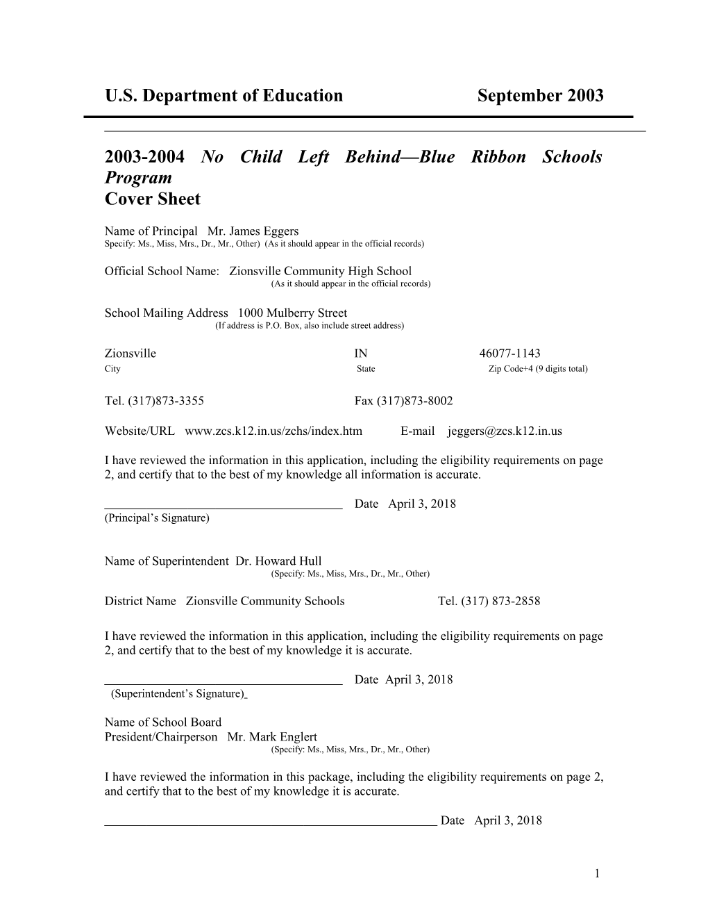 Zionsville Community High School 2004 No Child Left Behind-Blue Ribbon School Application