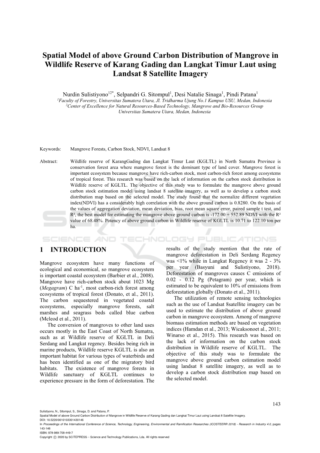 Spatial Model of Above Ground Carbon Distribution of Mangrove in Wildlife Reserve of Karang Gading Dan Langkat Timur Laut Using Landsat 8 Satellite Imagery