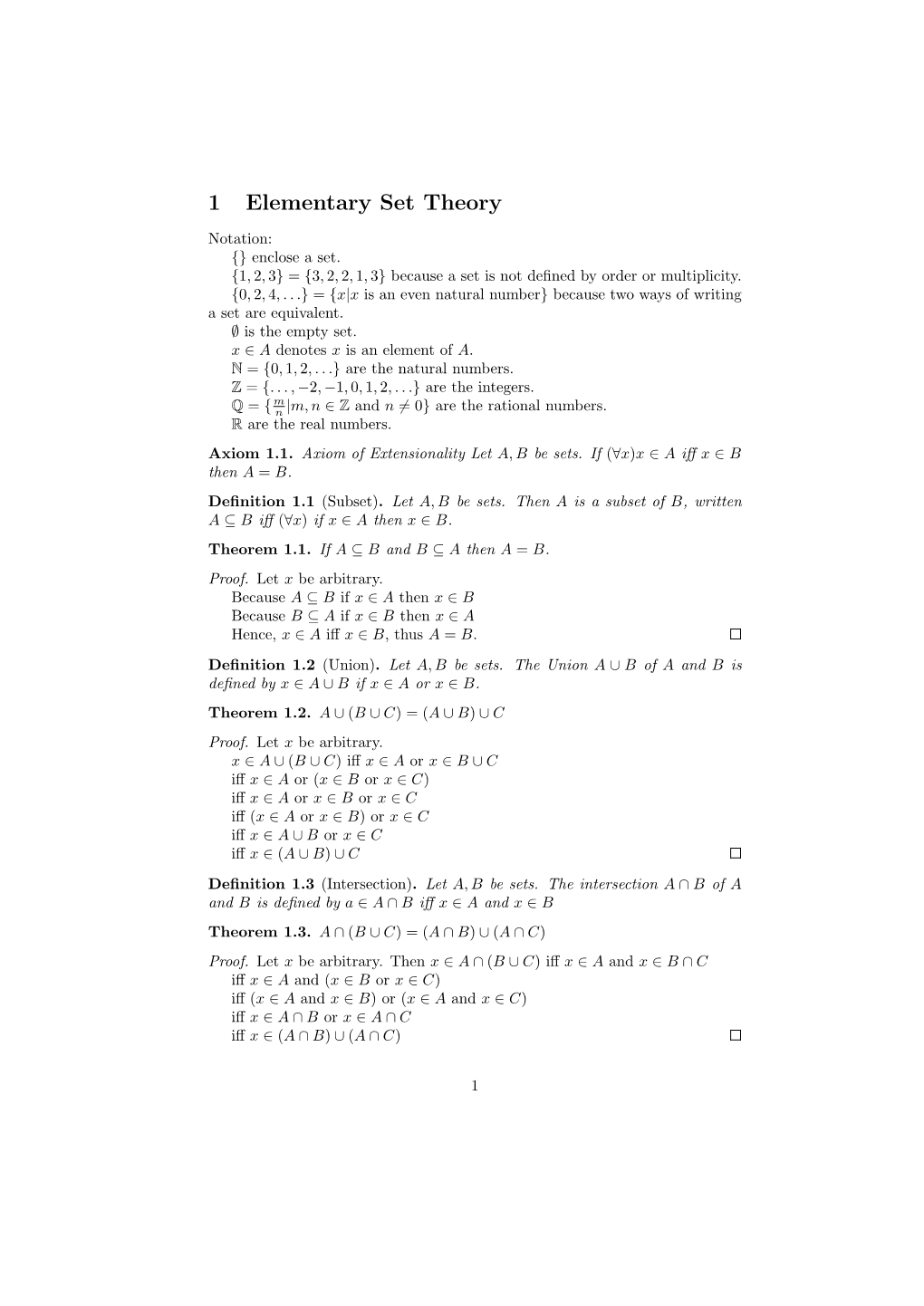 1 Elementary Set Theory