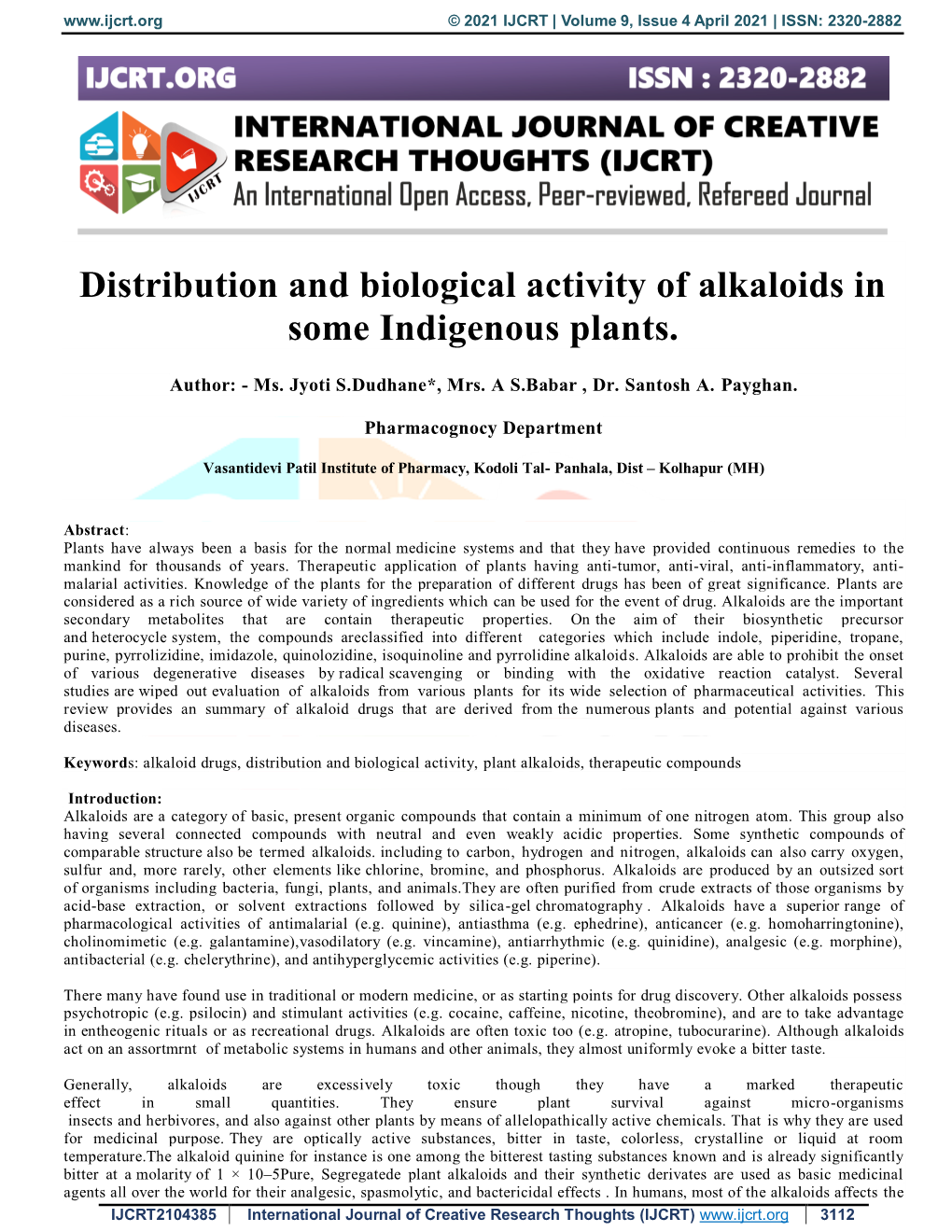 Distribution and Biological Activity of Alkaloids in Some Indigenous Plants