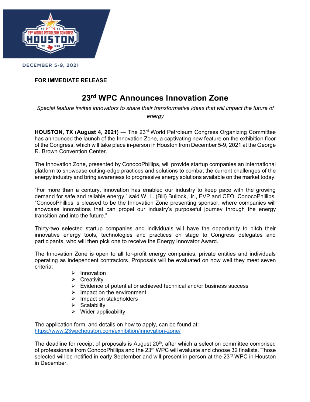 23Rd WPC Announces Innovation Zone Special Feature Invites Innovators to Share Their Transformative Ideas That Will Impact the Future of Energy