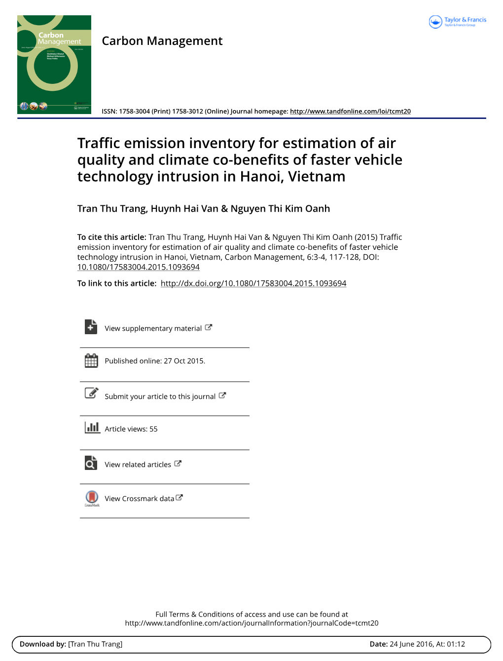 Traffic Emission Inventory for Estimation of Air Quality and Climate Co-Benefits of Faster Vehicle Technology Intrusion in Hanoi, Vietnam