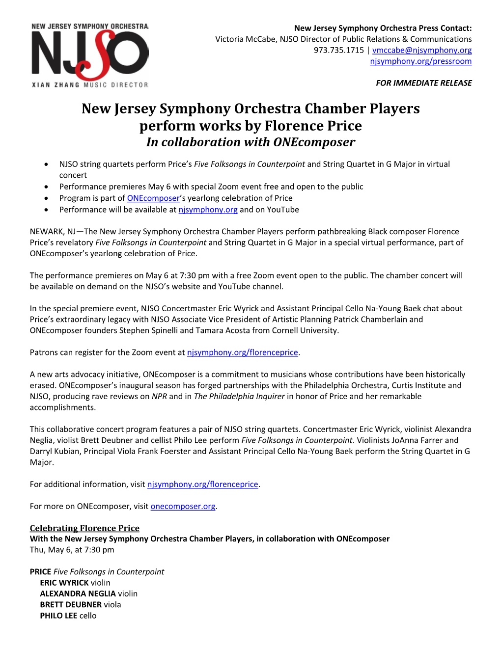 New Jersey Symphony Orchestra Chamber Players Perform Works by Florence Price in Collaboration with Onecomposer