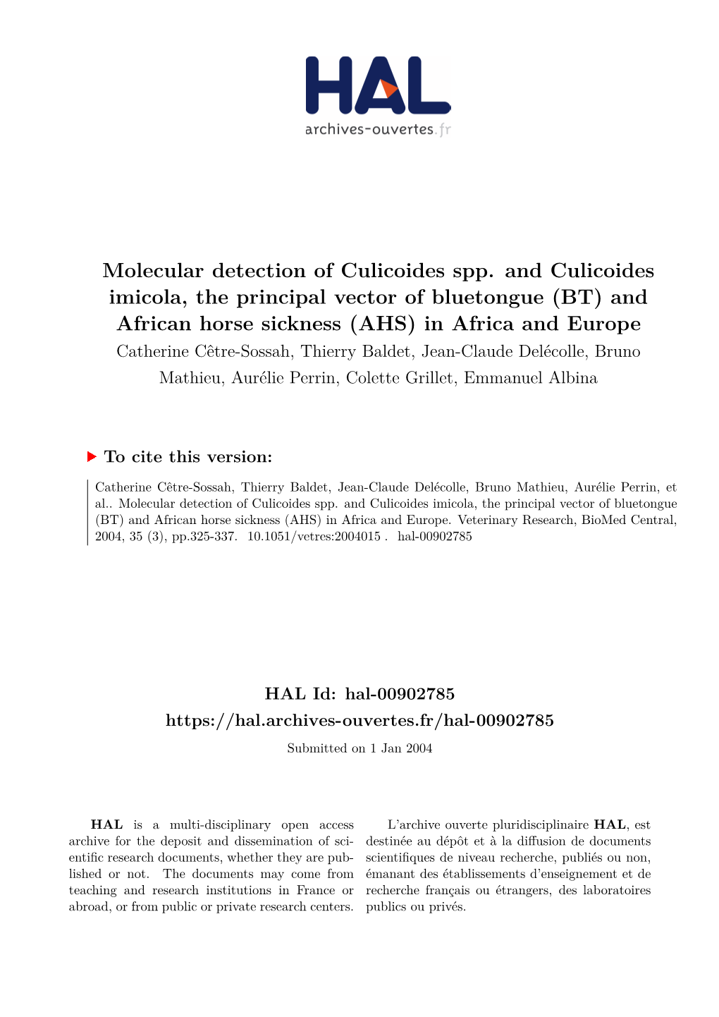 Molecular Detection of Culicoides Spp. and Culicoides Imicola, The