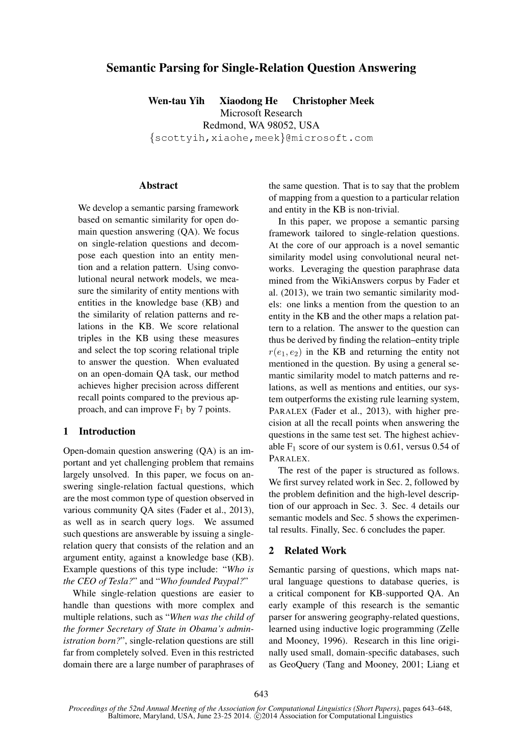 Semantic Parsing for Single-Relation Question Answering