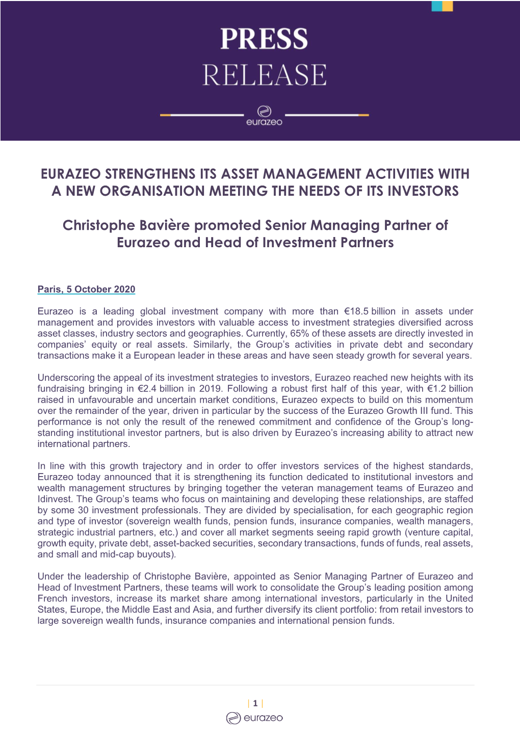 Eurazeo Strengthens Its Asset Management Activities with a New Organisation Meeting the Needs of Its Investors