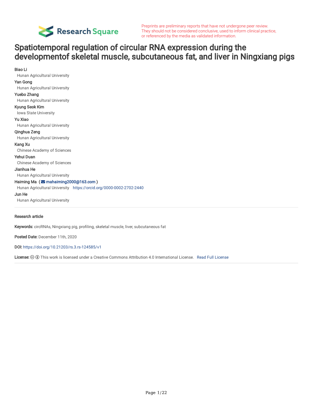 Spatiotemporal Regulation of Circular RNA Expression During the Developmentof Skeletal Muscle, Subcutaneous Fat, and Liver in Ningxiang Pigs