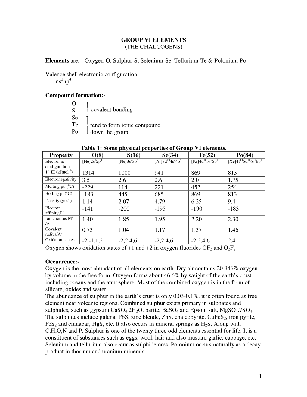 Group Vi Elements (The Chalcogens)