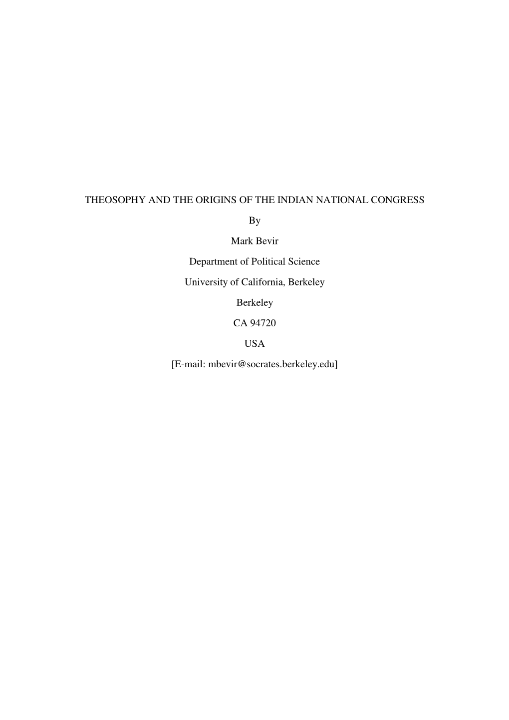 Theosophy and the Origins of the Indian National Congress