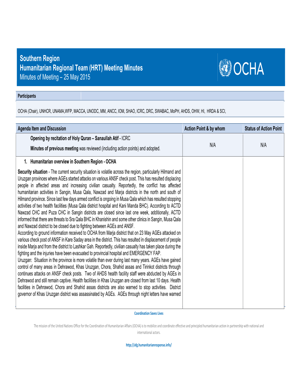 Southern Region Humanitarian Regional Team (HRT) Meeting Minutes Minutes of Meeting – 25 May 2015