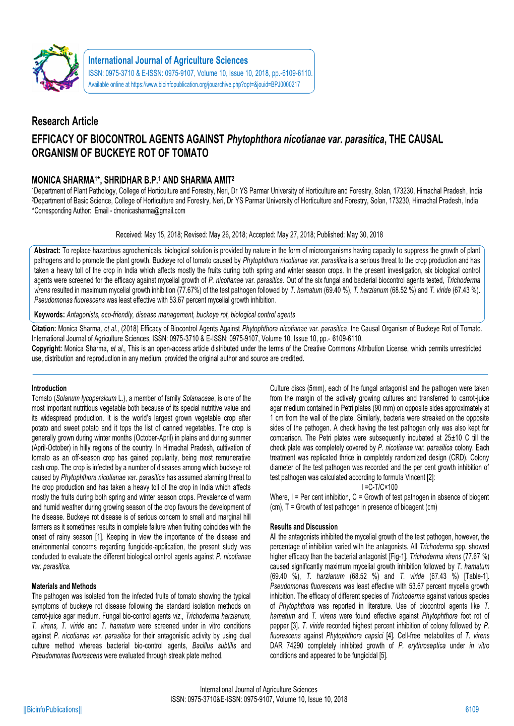 Research Article EFFICACY of BIOCONTROL AGENTS AGAINST Phytophthora Nicotianae Var