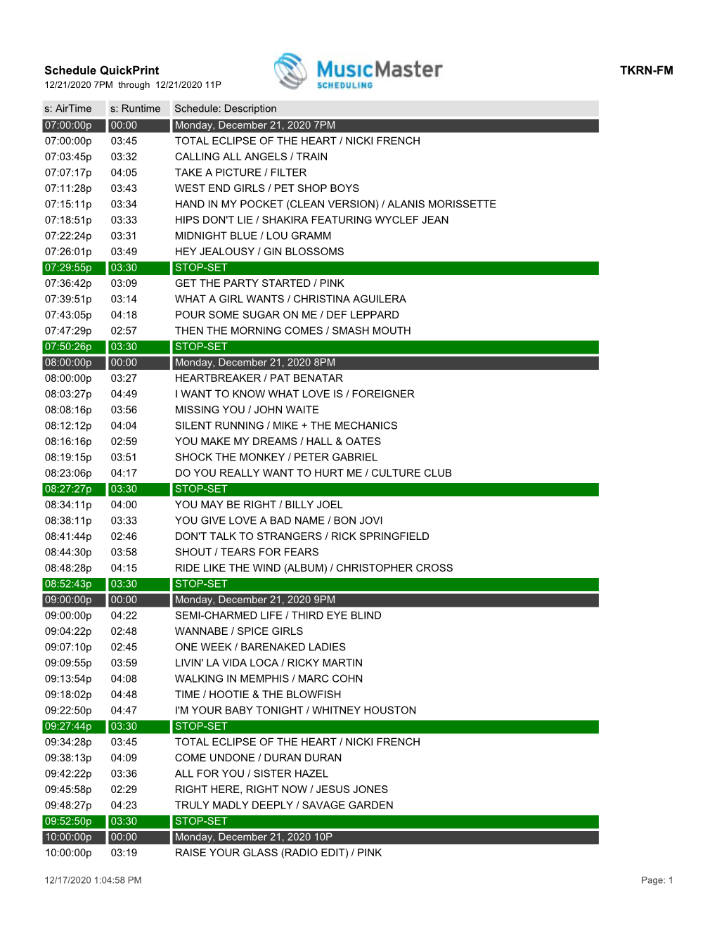 Schedule Quickprint TKRN-FM