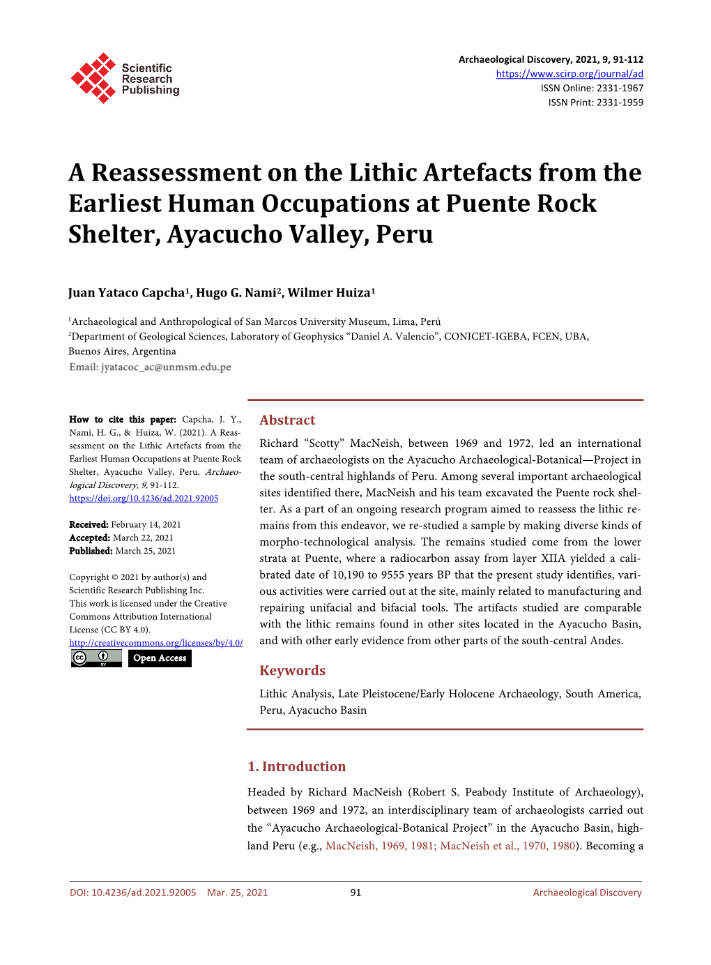 A Reassessment on the Lithic Artefacts from the Earliest Human Occupations at Puente Rock Shelter, Ayacucho Valley, Peru