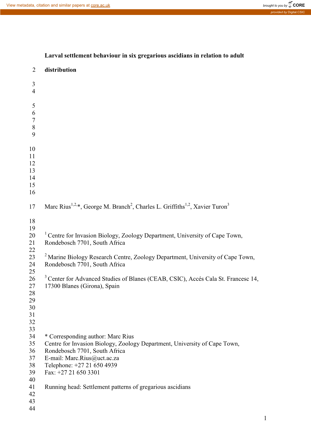 Settlement Patterns in Ascidians Concerning Have Been