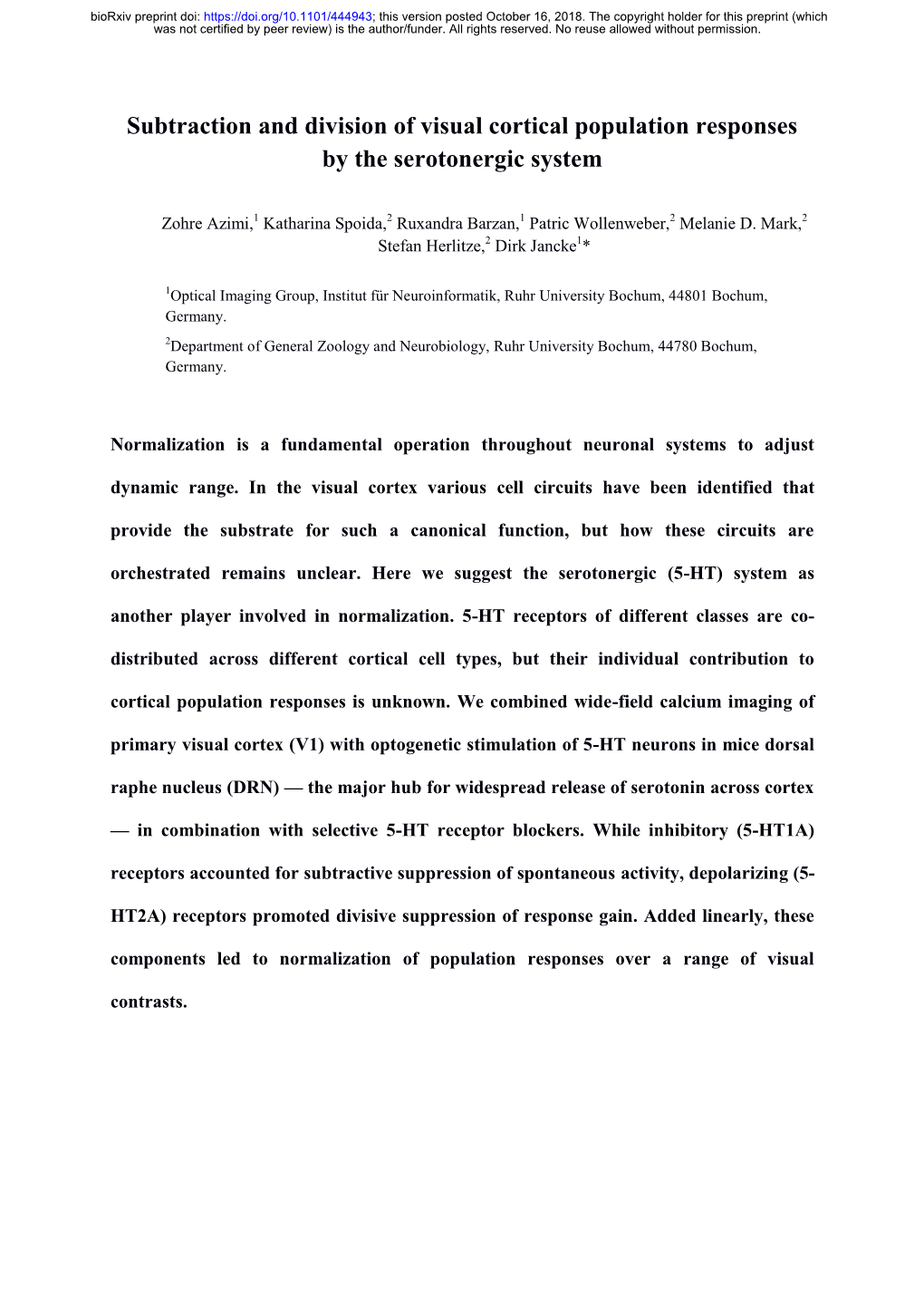 Subtraction and Division of Visual Cortical Population Responses by the Serotonergic System