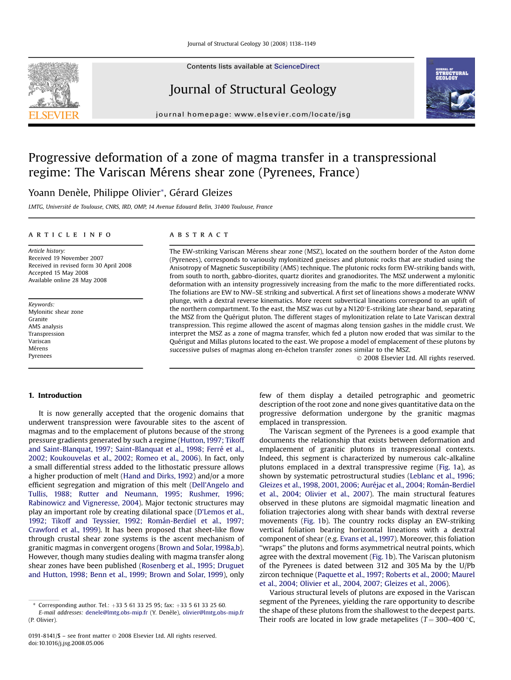 Progressive Deformation of a Zone of Magma Transfer in a Transpressional Regime: the Variscan Me´Rens Shear Zone (Pyrenees, France)