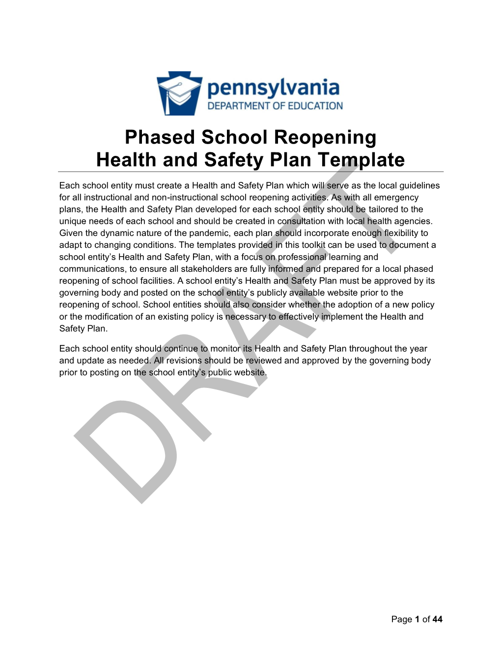 Phased School Reopening Health and Safety Plan Template