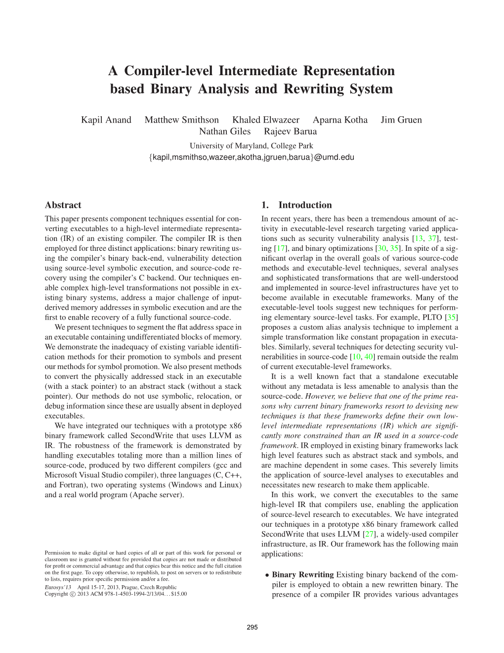 A Compiler-Level Intermediate Representation Based Binary Analysis and Rewriting System