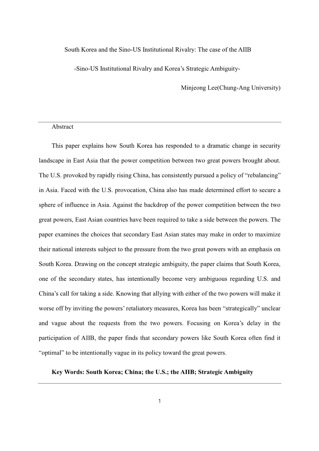 South Korea and the Sino-US Institutional Rivalry: the Case of the AIIB