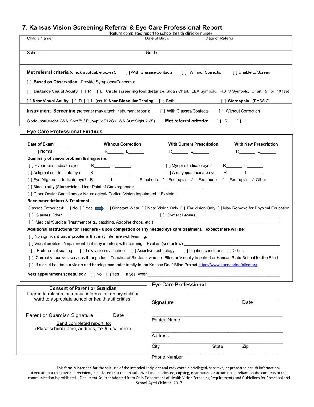 7. Kansas Vision Screening Referral & Eye Care Professional Report