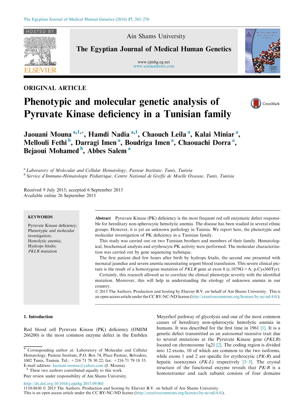 Phenotypic and Molecular Genetic Analysis of Pyruvate Kinase Deﬁciency in a Tunisian Family