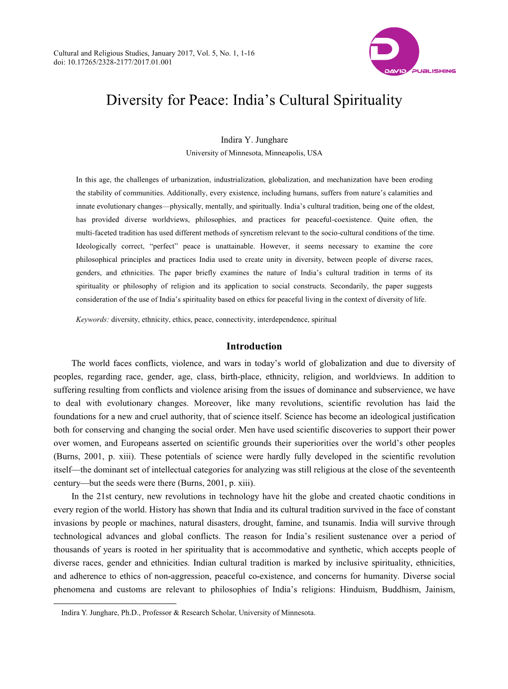 Diversity for Peace: India's Cultural Spirituality