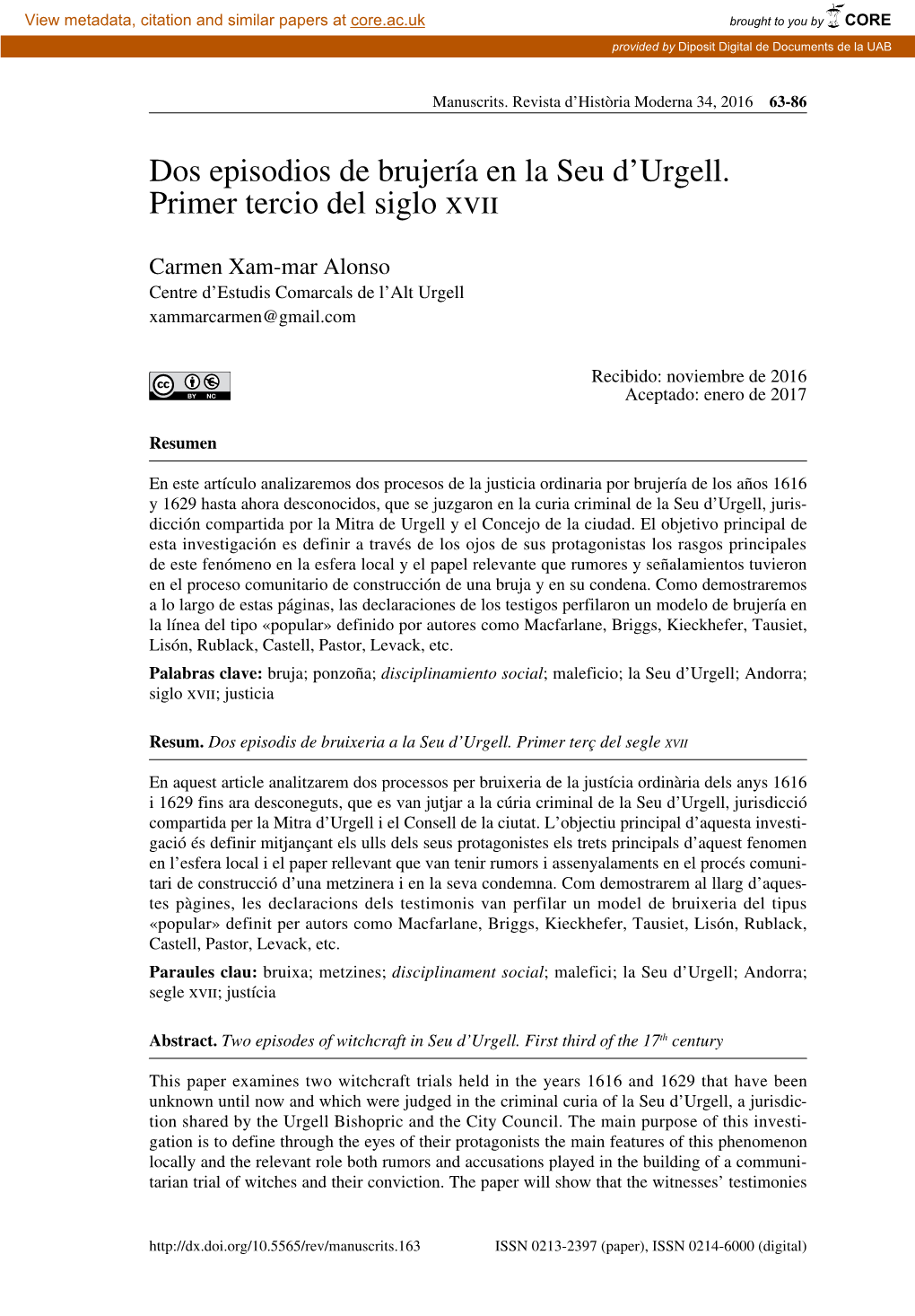 Dos Episodios De Brujería En La Seu D'urgell. Primer Tercio Del Siglo XVII