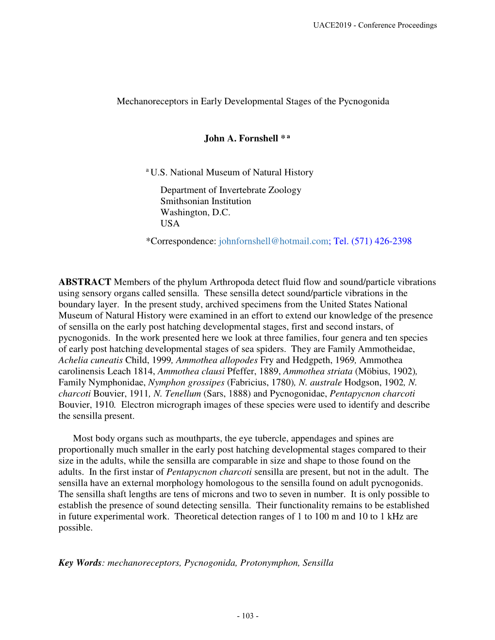 Mechanoreceptors in Early Developmental Stages of the Pycnogonida