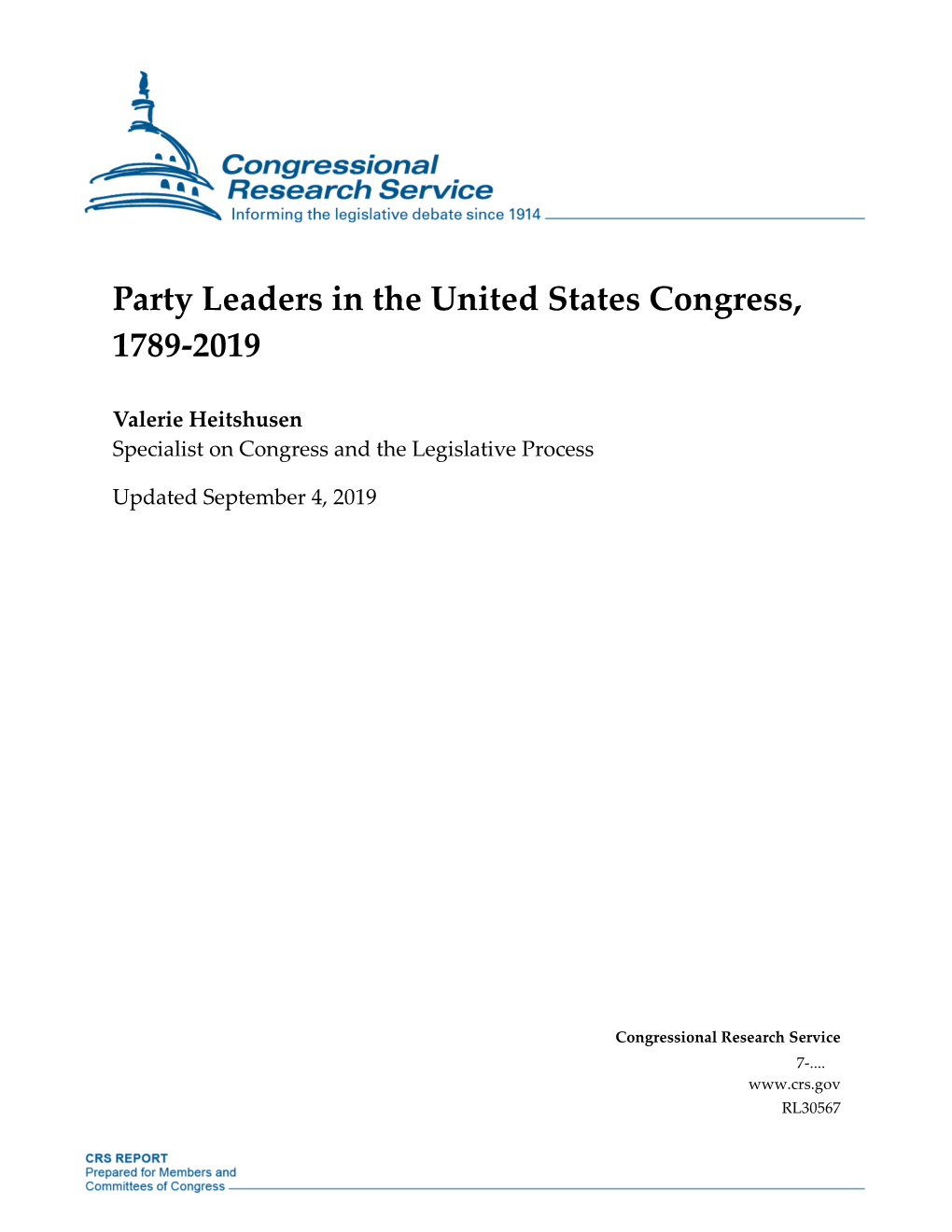 Party Leaders in the United States Congress, 1789-2019